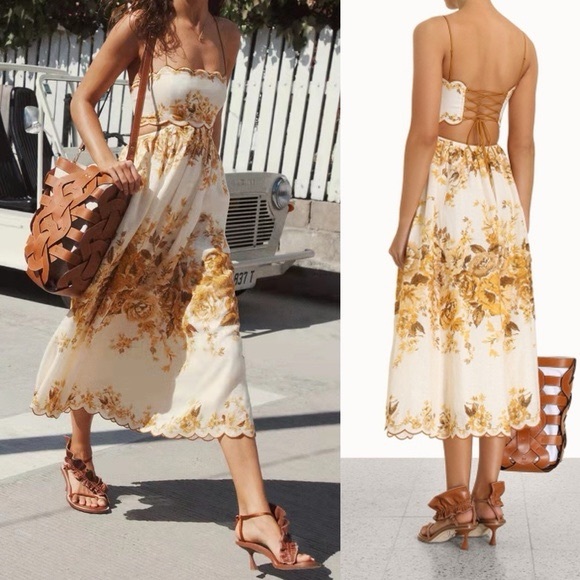 ZIMMERMANN ALIANE SCALLOP MIDI DRESS AMBER FLORAL SIZE 2 US 6-8 - Picture 3 of 16